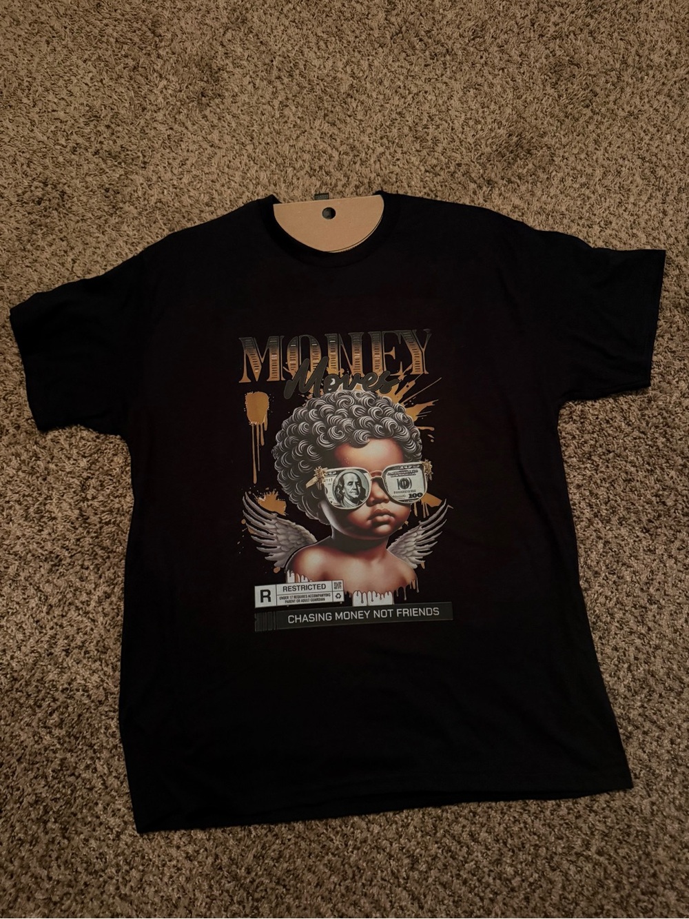 Gildan Black Short Sleeve Tee with Gold and Gray Cherub Graphic
